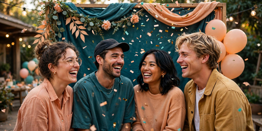 Friends laughing at a Sky Photo Booths birthday photo booth with deep teal and warm peach backdrop