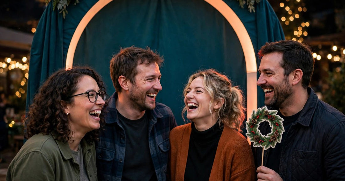 Coworkers laughing at a Sky Photo Booths open-air photo booth during a Houston company holiday party, festive props and warm string lights