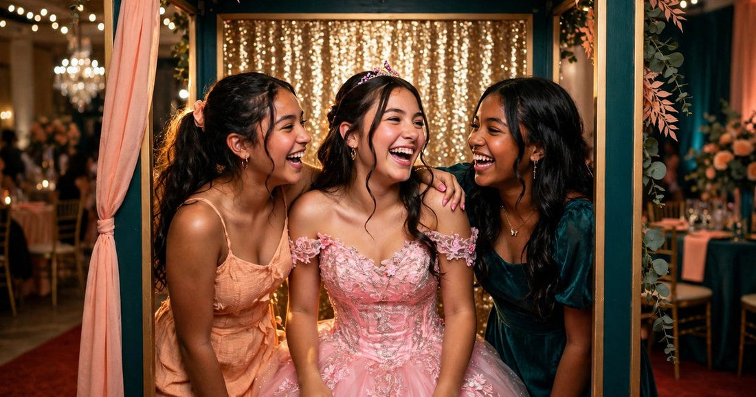 Quinceañera in a pink gown laughing with friends at an open-air photo booth with gold sequin backdrop in Houston ballroom