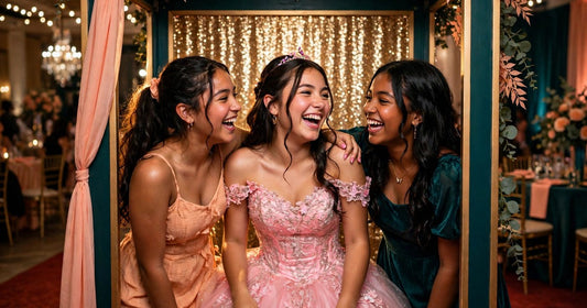 Quinceañera in a pink gown laughing with friends at an open-air photo booth with gold sequin backdrop in Houston ballroom